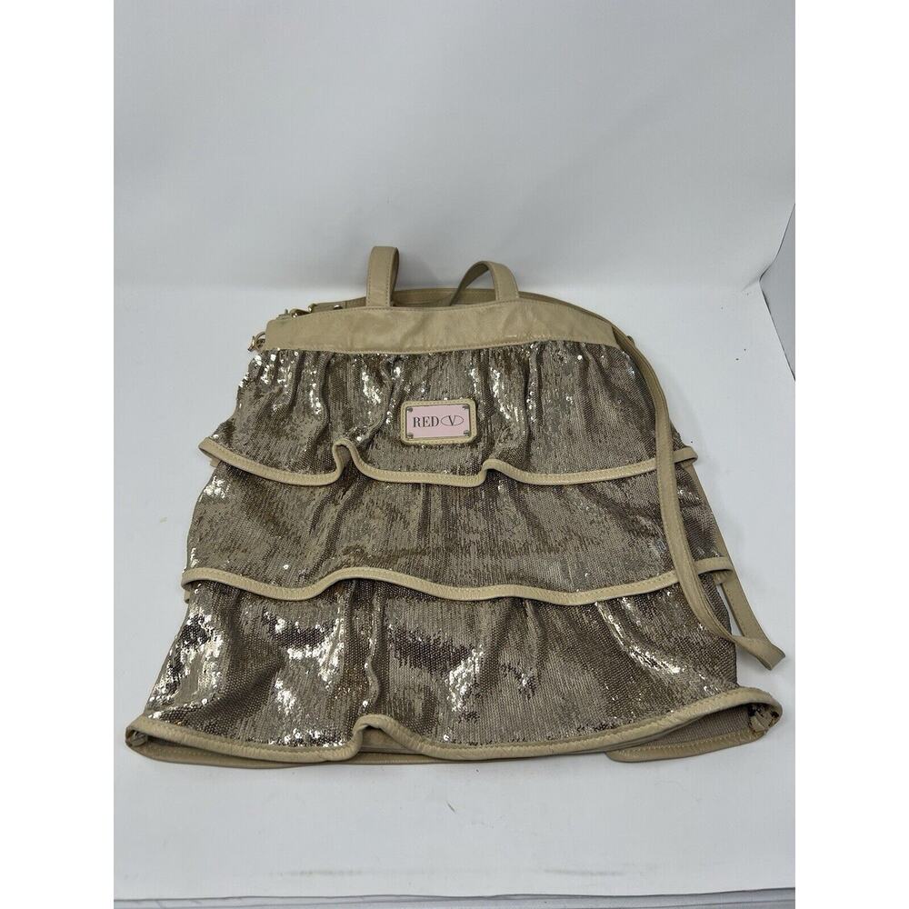 Valentino Red Italy Ruffle Tiered Sequin Tan Leather Cross Body‎ Tote Bag